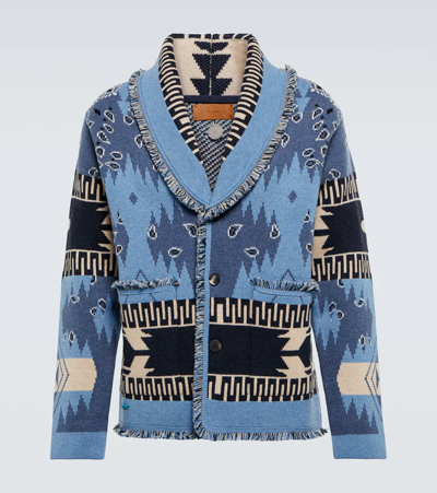 Shop Alanui Icon Jacquard Cashmere And Wool Cardigan In Blue Multi