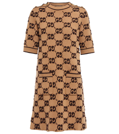 Shop Gucci Maxi Gg Wool Minidress In Camel/brown