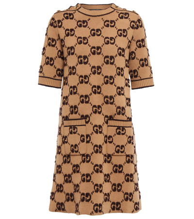 Gucci Soft Wool Crew-neck Dress In Camel/brown