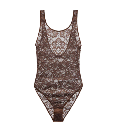 Shop Oseree Oséree Lace Bodysuit In Brown