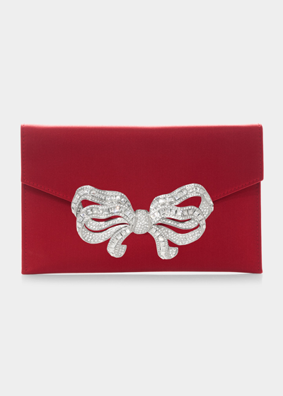 Shop Judith Leiber Crystal Bow Satin Envelope Clutch Bag In Scrim-silver Crim