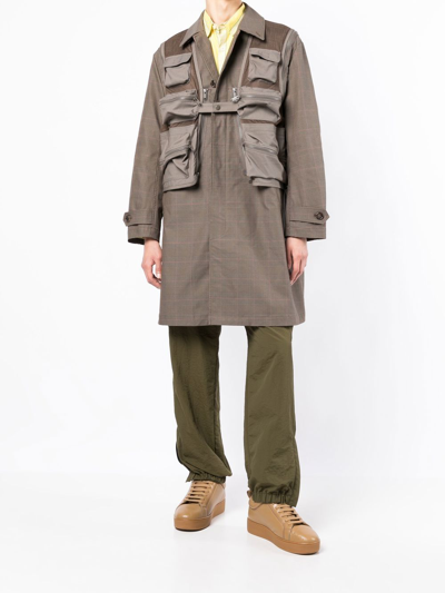 Undercover Check-pattern Patch-pocket Coat In Brown