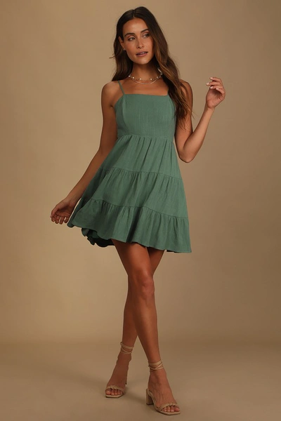 Lulus Make A Day Of It Green Cutout Tiered Mini Dress In Green