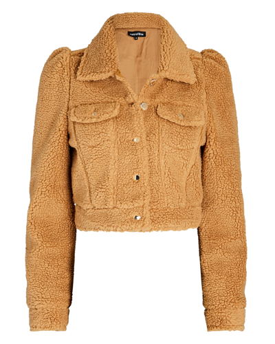 Shop Retroféte Brie Puff-sleeve Teddy Cropped Jacket In Brown