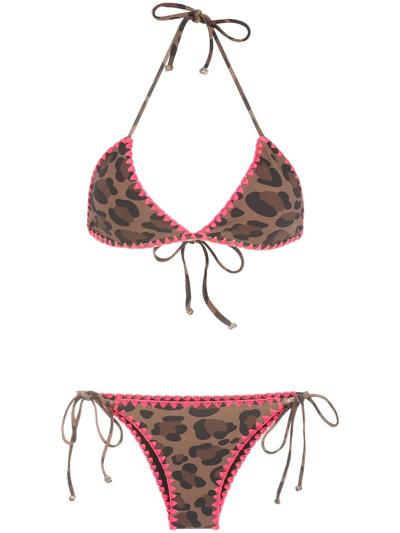 Shop Brigitte Animal-print Crochet-trim Bikini Set In Brown