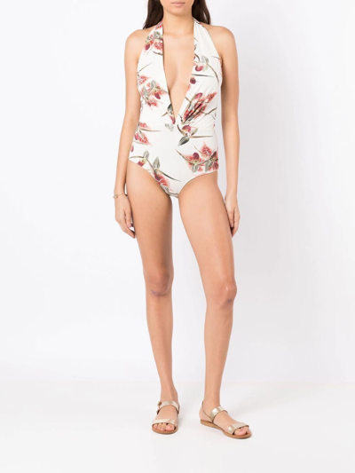 Shop Clube Bossa Deneuve Floral-print Swimsuit In Neutrals