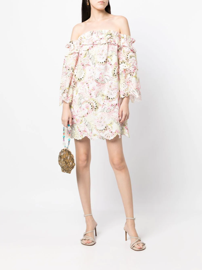 Misa Valerie Floral-print Off-the-shoulder Cotton Mini Dress In Weiss