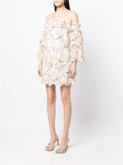 Misa Valerie Floral-print Off-the-shoulder Cotton Mini Dress In Weiss