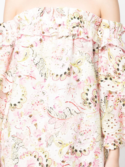 Misa Valerie Floral-print Off-the-shoulder Cotton Mini Dress In Weiss