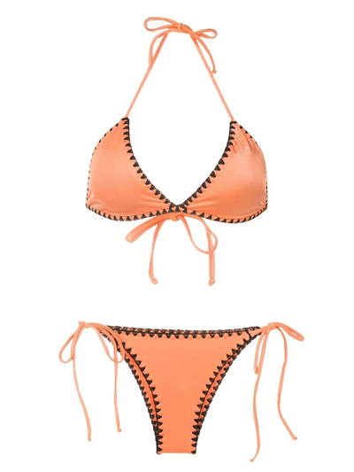 Shop Brigitte Embroidered Halterneck Bikini In Orange