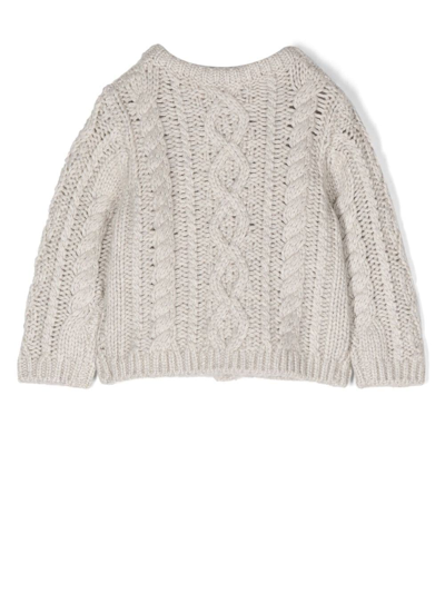 Shop Bonpoint Cable-knit Crew-neck Cardigan In Grey