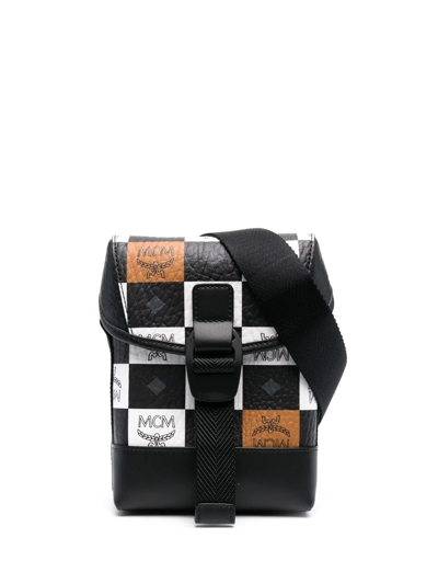 Shop Mcm Small Aren Checkerboard-logo Crossbody Bag In White