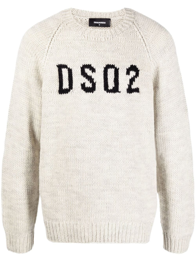 Shop Dsquared2 Intarsia Knit-logo Crew Neck Jumper In Grau