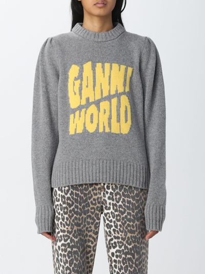 Shop Ganni Jacquard Crewneck Sweater In Grey
