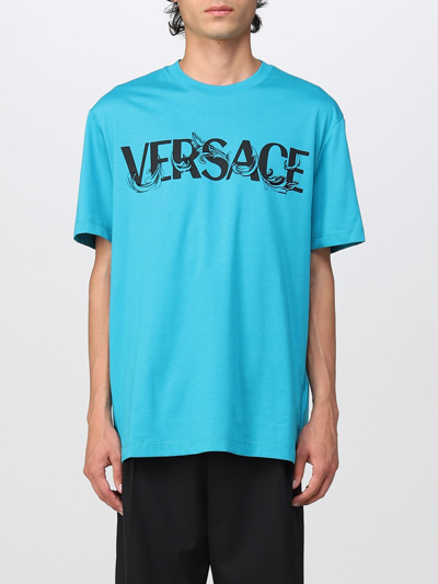 Shop Versace T-shirt With Logo Print In Gnawed Blue