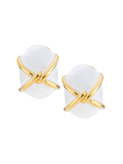 Shop Kenneth Jay Lane Women's Twisted X 22k Gold-plated Enamel Clip-on Earrings In Gold White