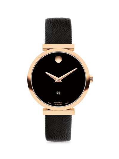 Shop Movado Women's Museum Classic Automatic Rose-goldtone Stainless Steel & Leather Strap Watch/32mm In Black