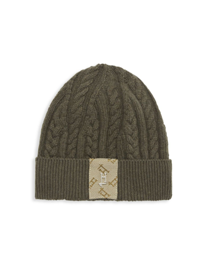 Shop Herno Monogram Cable Knit Beanie In Military Green