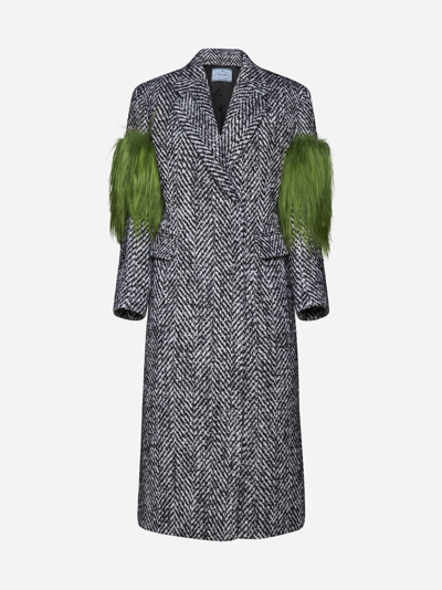 Shop Prada Fur-detail Chevron Wool-blend Coat