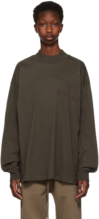 Shop Essentials Gray Flocked Long Sleeve T-shirt In Off Black