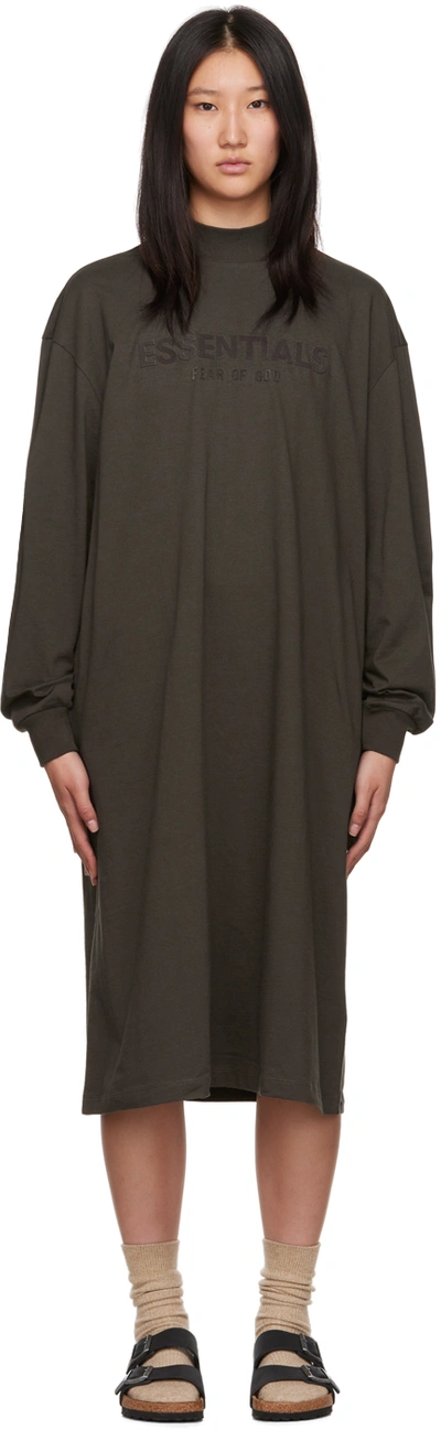 Shop Essentials Gray Long Sleeve Midi Dress In Off Black