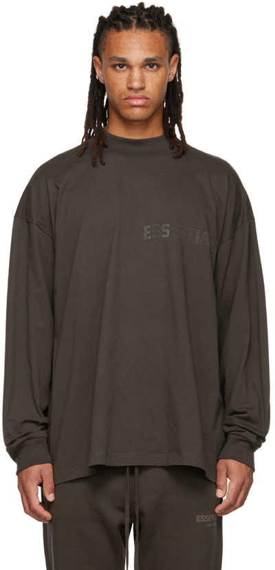 Shop Essentials Gray Flocked Long Sleeve T-shirt In Off Black