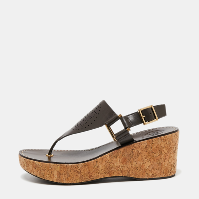 Pre-owned Tory Burch Brown Leather Cork Wedge Platform Thong Sandals Size  38 | ModeSens