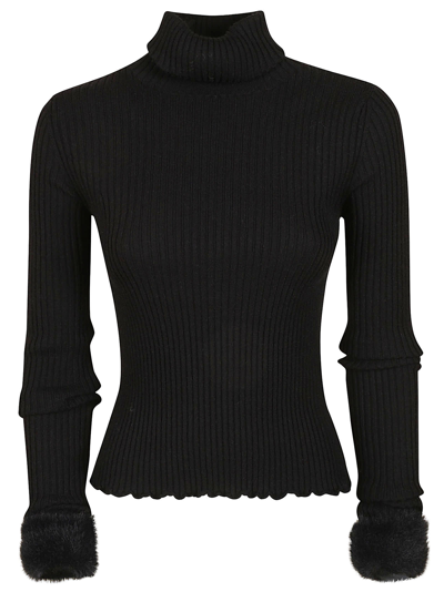 Shop Blugirl Turtleneck Fur Collar Knit Pullover In Black