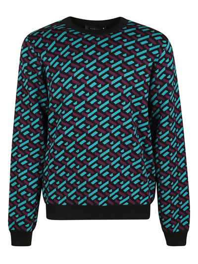 Shop Versace All-over Lagreca Jacquard Sweater In Teal/plum