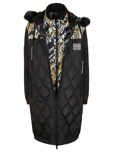 Shop Versace Jeans Couture Print Logo Brush Couture Coat In Black
