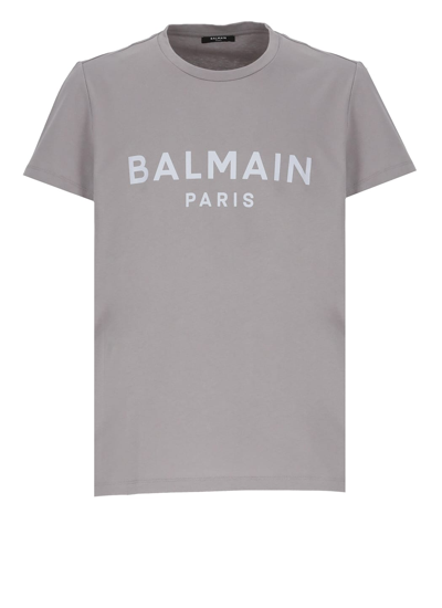 Shop Balmain T-shirt With Print In Grisfoncé/bleuclair