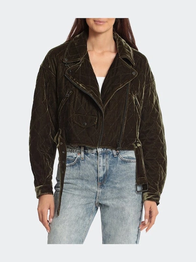 Shop Avec Les Filles Cropped Quilted Velvet Biker Jacket In Green