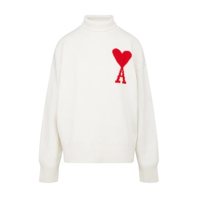 Shop Ami Alexandre Mattiussi Adc Funnel Turtleneck Sweater In Off White Red