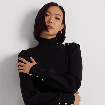Lauren Petite Button-trim Mockneck Sweater In Polo Black