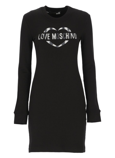 Shop Love Moschino Logo Printed Stretched Sweatshirt Dress In Black