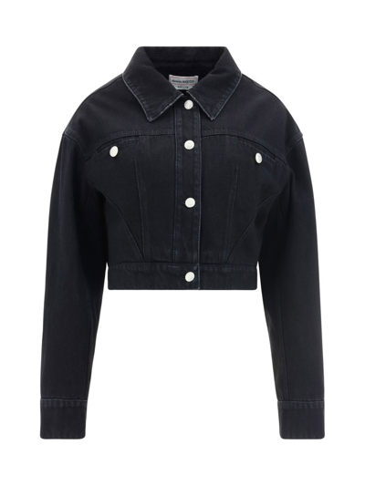 Shop Alexander Mcqueen Buttoned Cropped Denim Jacket In Black