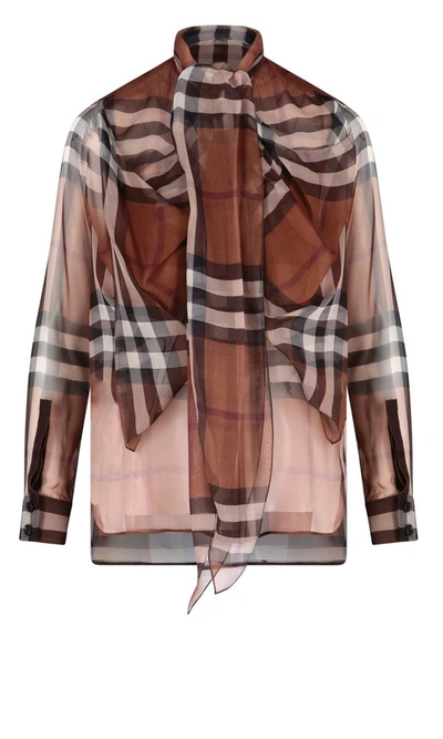 Shop Burberry Check Printed Chiffon Pussy In Brown
