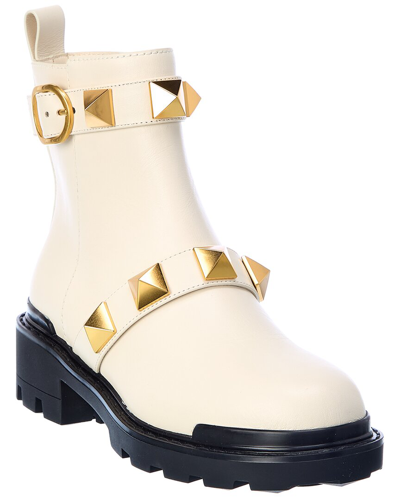 Shop Valentino Roman Stud Leather Boot In White