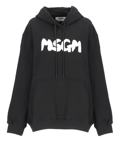 Shop Msgm Logo Print Drawstring Hoodie In Black