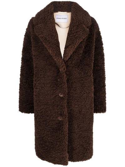 Stand Studio Faux-shearling Button-front Coat In Braun