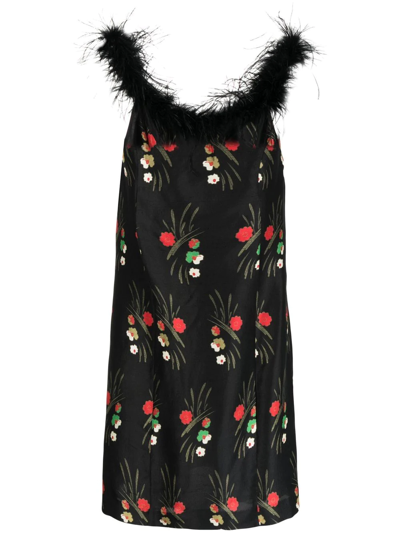 Shop Rixo London Floral-print Feather-trim Dress In Schwarz
