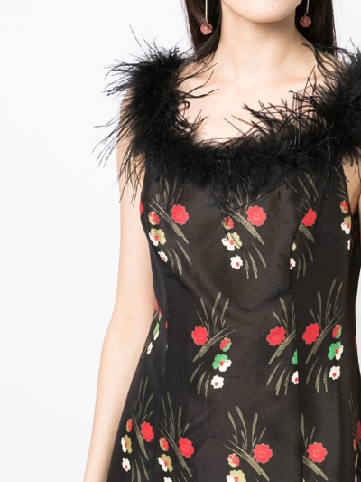 Shop Rixo London Floral-print Feather-trim Dress In Schwarz