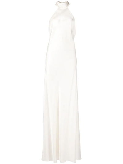 Shop Michelle Mason Backless Halter-neck Tie Gown In Weiss