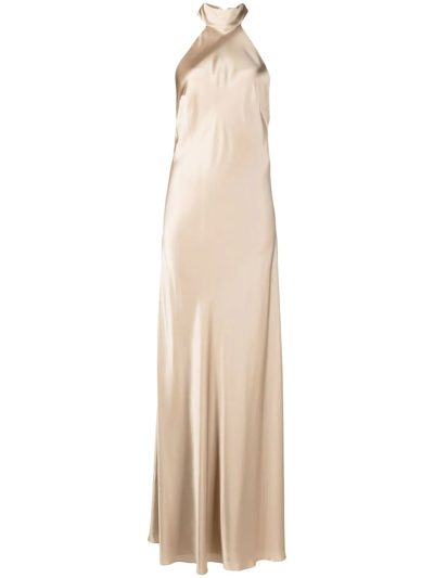 Shop Michelle Mason Backless Halter-neck Tie Gown In Gold