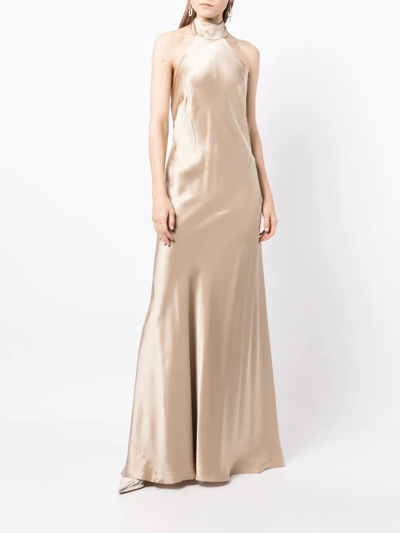 Michelle Mason Backless Halter-neck Tie Gown In Gold