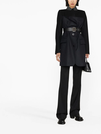 Sacai Belted Pinstriped Wool Blazer In Schwarz
