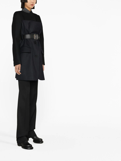 Sacai Belted Pinstriped Wool Blazer In Schwarz