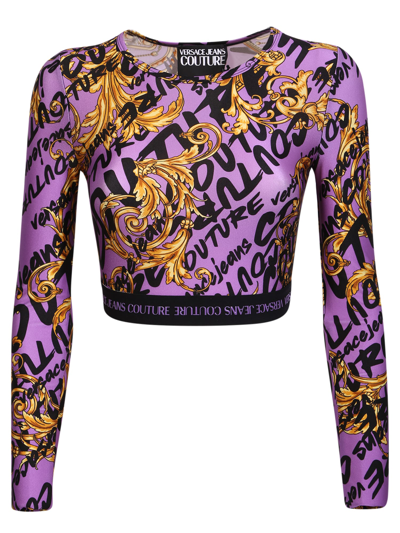 Shop Versace Jeans Couture Cropped T-shirt With Baroque Print Purple In Multi