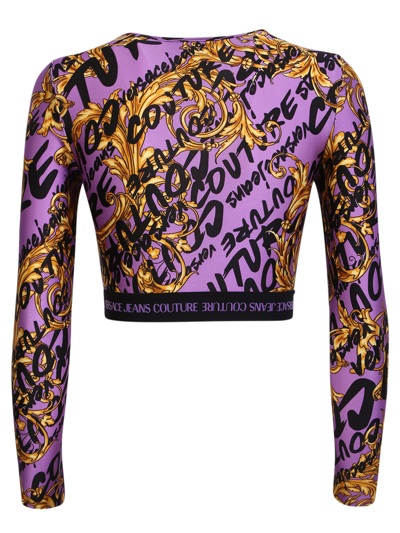 Shop Versace Jeans Couture Cropped T-shirt With Baroque Print Purple In Multi