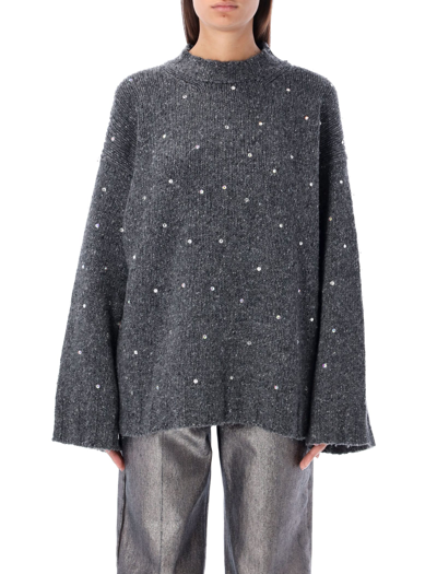 Shop Msgm Boucle Crewneck Sweater In Dark Grey